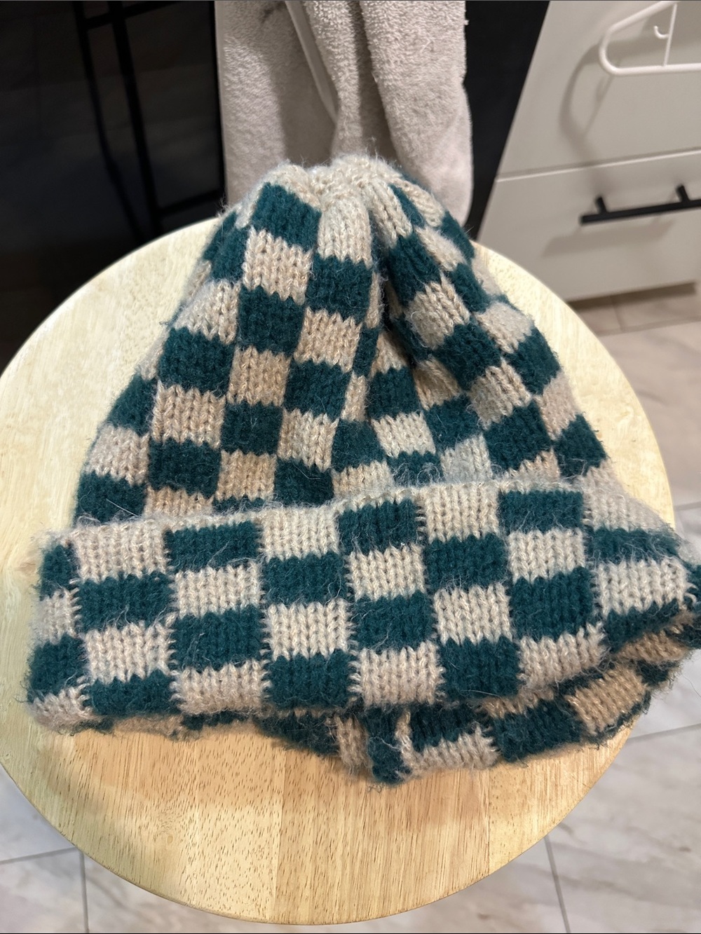 Knit Green and beige Checker Knit Beanie Hat